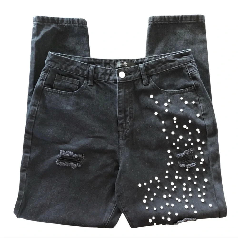 🛍️3/$40 Misguided Distressed Black Denim Jeans Pearls Accents Size 8 - Picture 3 of 7